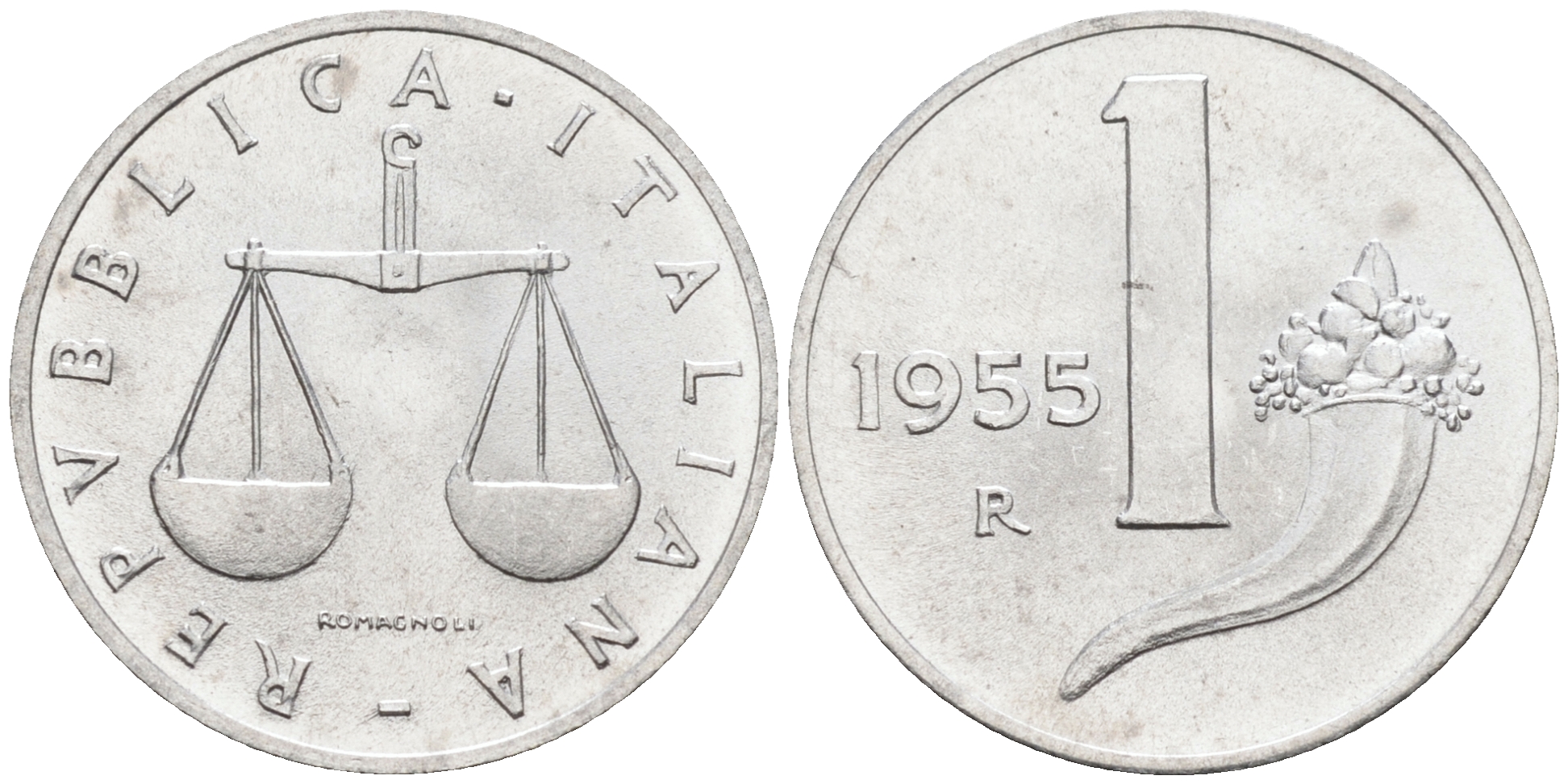 Италия 1 лира 1955 R, весы KM 91 алюминий  UNC  4594-739