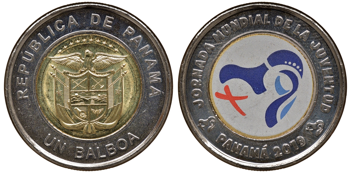 Панама 1 бальбоа 2019 Всемирный день молодежи, цветная KM NEW биметалл UNC M52-11