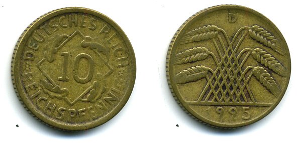 ГЕРМАНИЯ 10 РЕЙХСПФЕННИГОВ 1925 D KM 40, J.317 алюминиевая бронза 56-951