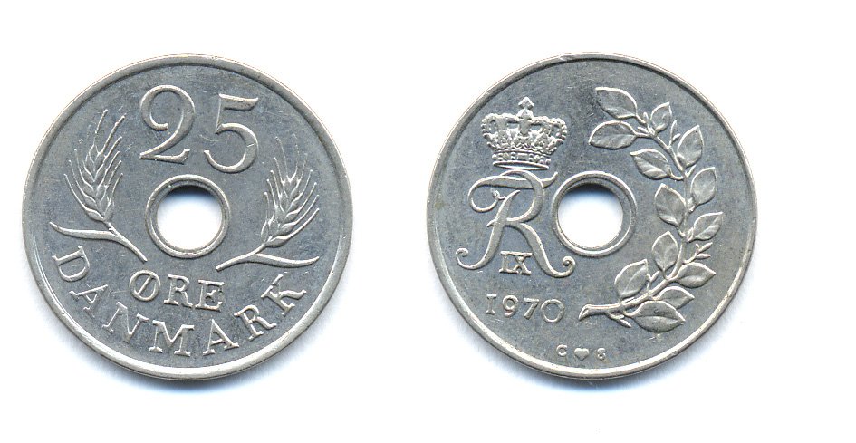 ДАНИЯ 25 ЭРЕ 1970 С; S, ФРЕДЕРИК IX (1947-1972) KM 855.1 медно-никель 51-4435