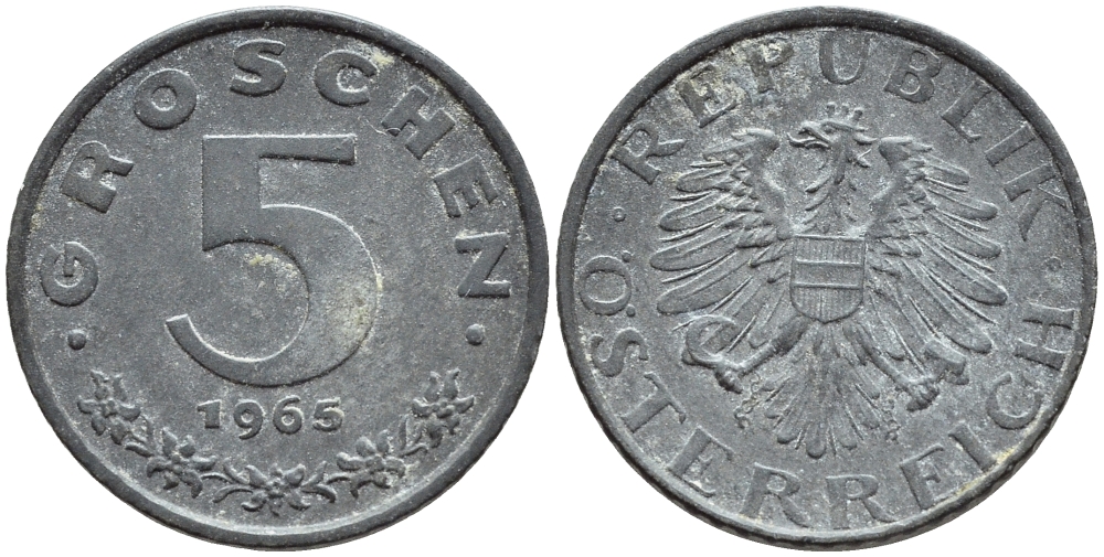 Австрия 5 грошей 1965 KM 2875 цинк 46-843