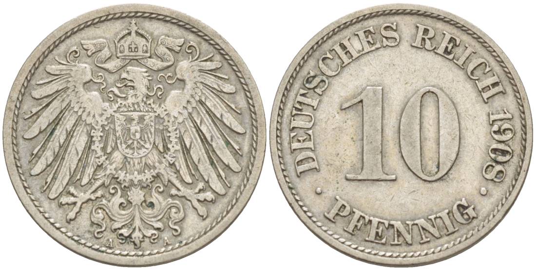 Германия 10 пфеннигов 1908 A KM 12, Jager 13, Weege 8 медно-никель 219-137