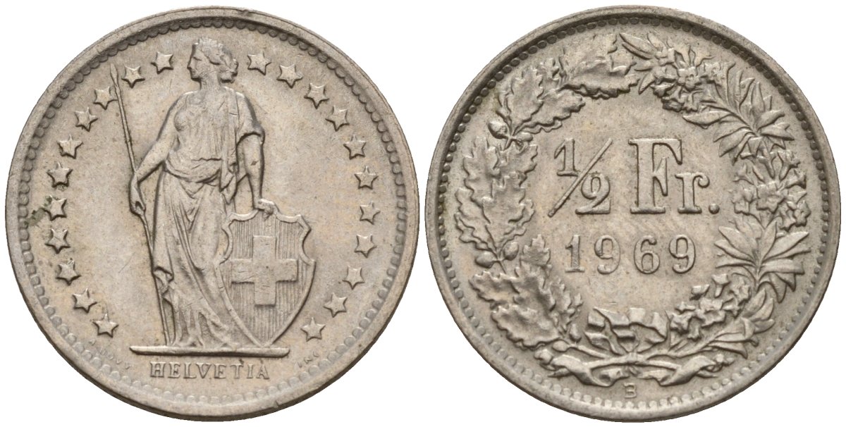 Швейцария 1/2 франка 1969 B KM 23a медно-никель 4189-439