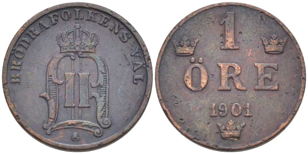 Швеция 1 эре 1901 Оскар II (1872-1907) король Швеции и Норвегии KM 750 (528) бронза 116-1123