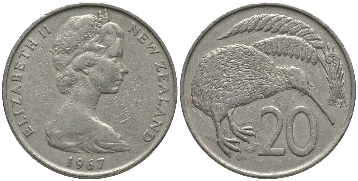 Новая Зеландия 20 центов 1967 Елизавета II (1952-2022), птичка киви KM 36.1 медно-никель 81-614