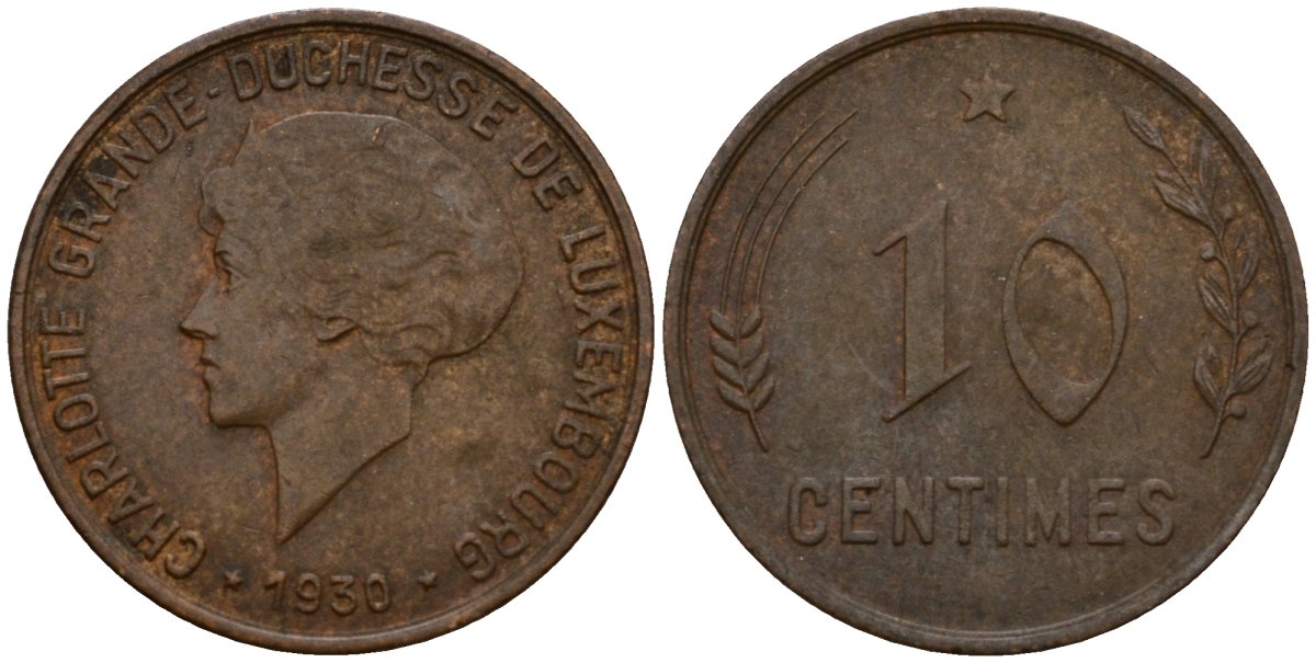 Люксембург 10 сантимов 1930 Шарлотта (1918-1964) KM 41 бронза 4577-313