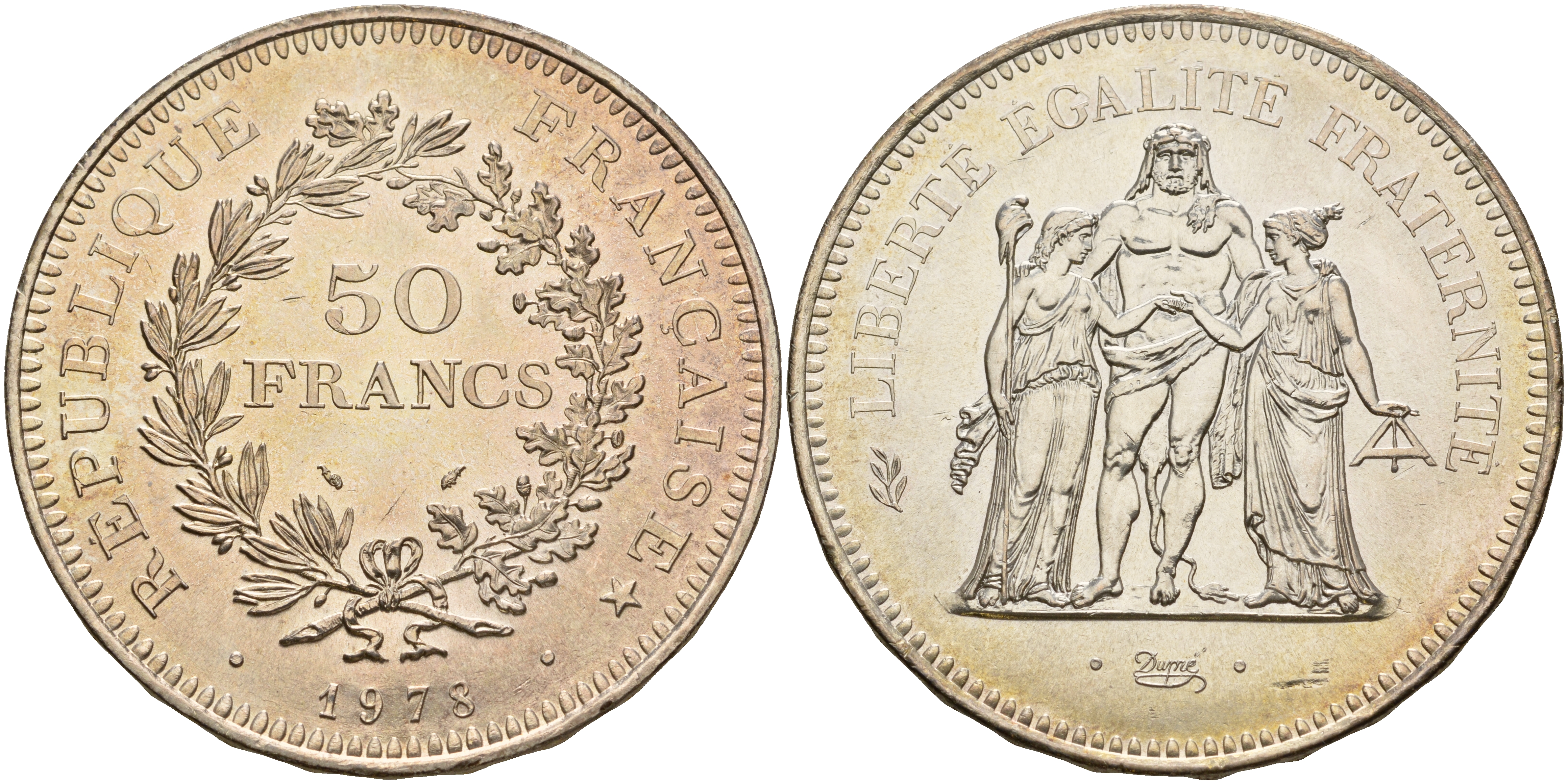 Франция 50 франков 1978 богини Равенства и Братства, Геркулес KM 941.1 серебро UNC 00-1067-8-44