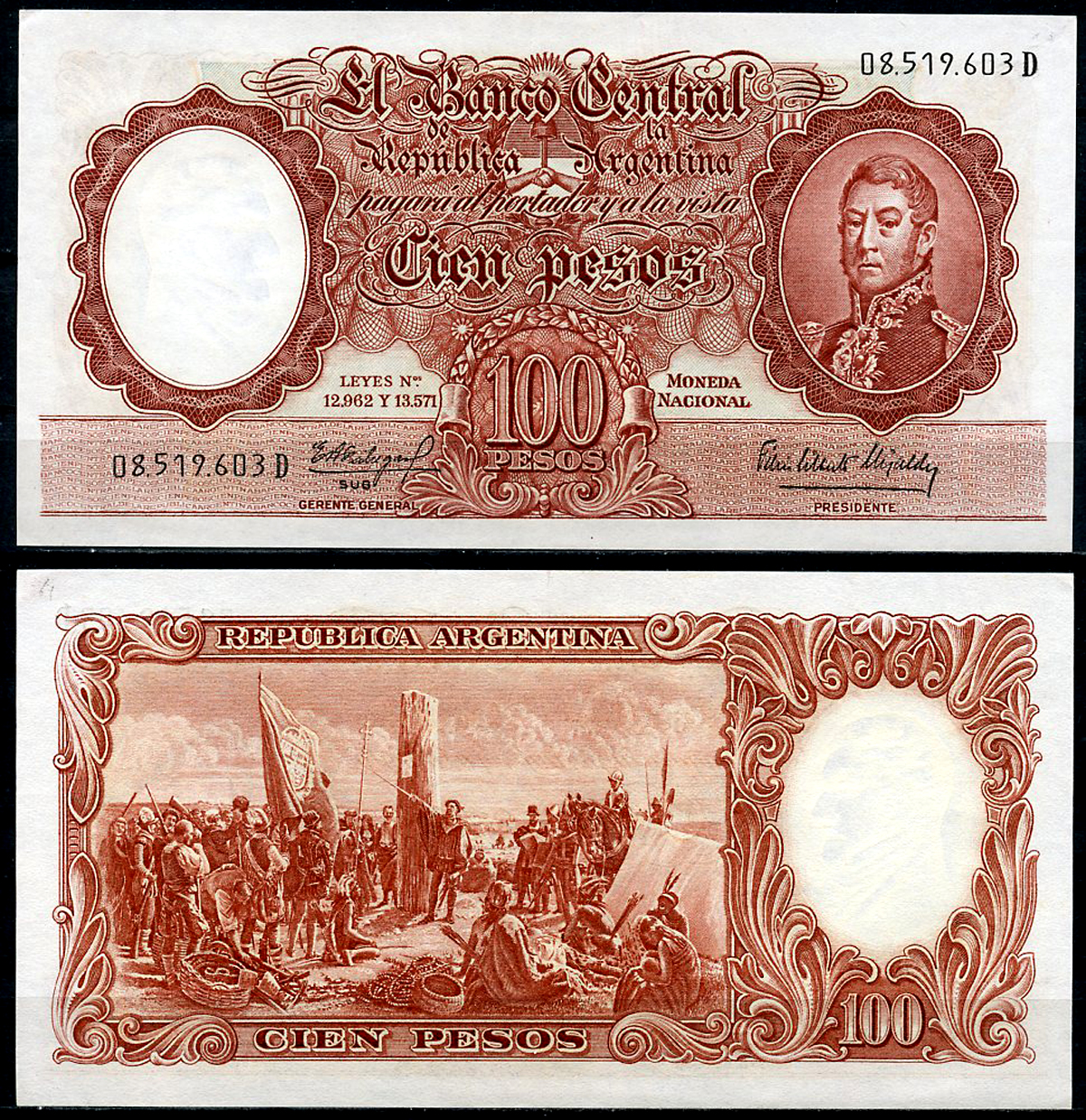 Аргентина 100 песо ND (1954-1968) Генерал Сан Мартин, картина "Основание Буэнос-Айреса" Pick 272 (7)  бумага  UNC (пресс) 444-132-3-2