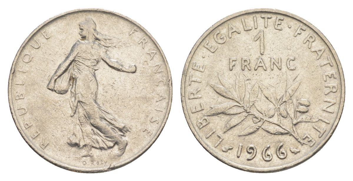 Франция 1 франк 1966 сеятель KM 925.1, Le Franc 226.11 никель 4631-533