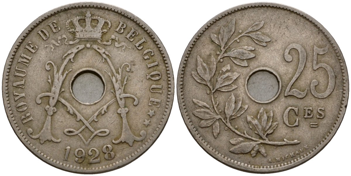 Бельгия 25 сантимов 1928 Belgique KM 68 медно-никель 31-1214