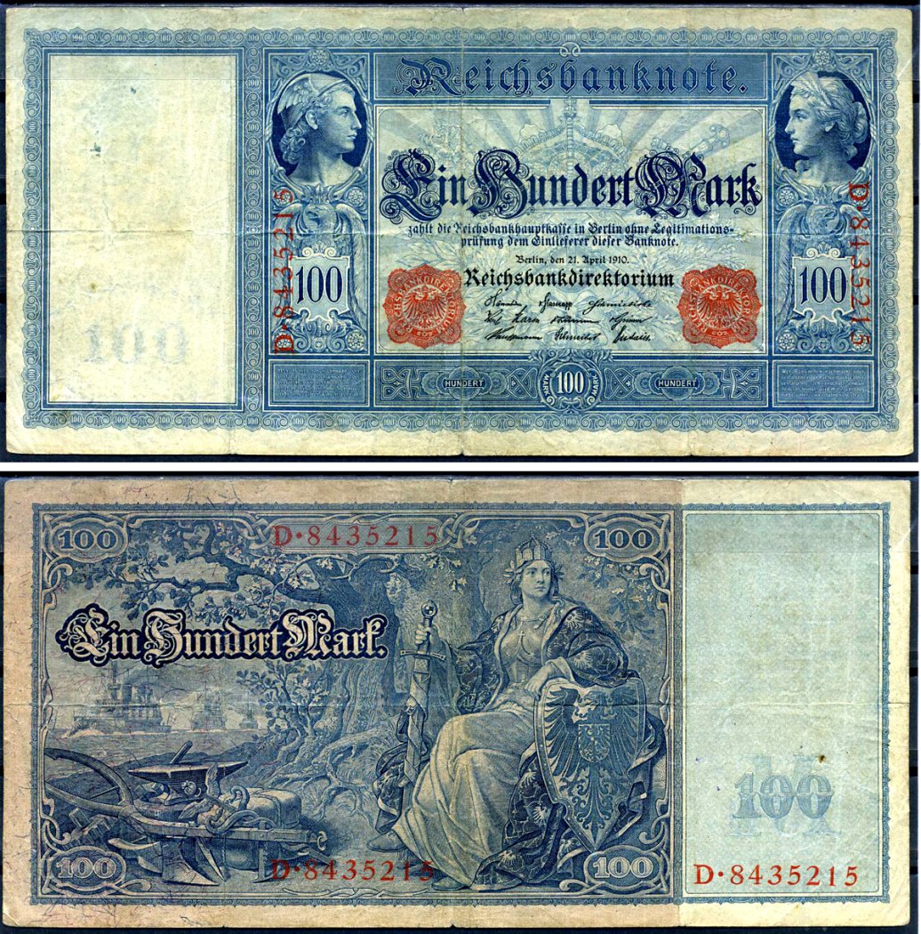 Германия 100 марок 1910 21 апреля 1910, красная печать, Меркурий и Церера, белая бумага Pick 42 (1) бумага 00-00