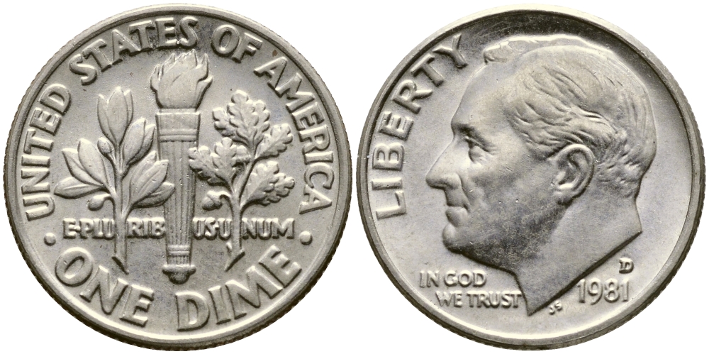 США 10 ЦЕНТОВ = 1 ДАЙМ 1981 D, РУЗВЕЛЬТ KM 195а медь плакированная медно-никелем 46-2561