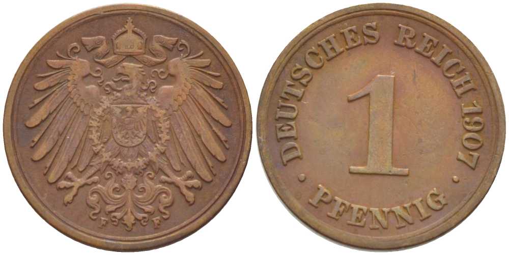 ГЕРМАНИЯ 1 ПФЕННИГ 1907 F KM 10, J. 10, Weege 2 медь 211-352