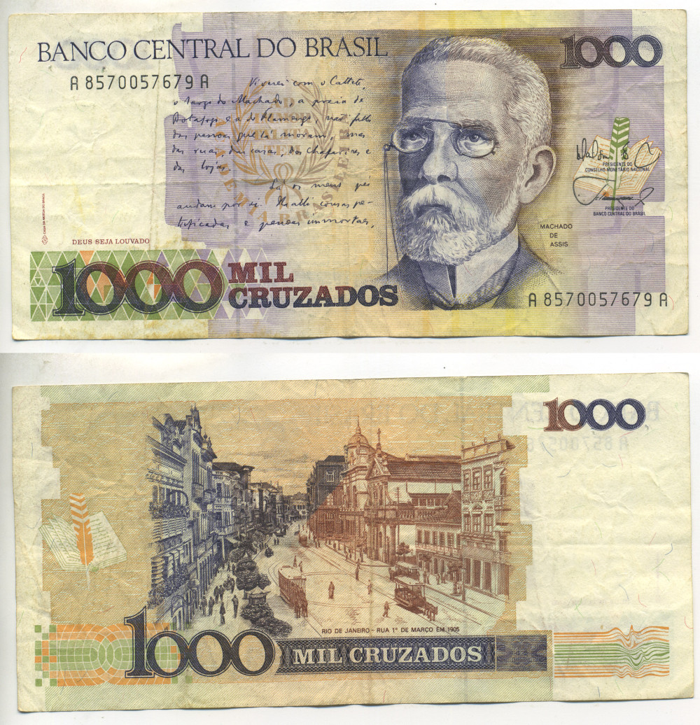 БРАЗИЛИЯ 1000 КРУЗАДО 1988 ПОДПИСЬ 26 Pick 213b бумага 00-00