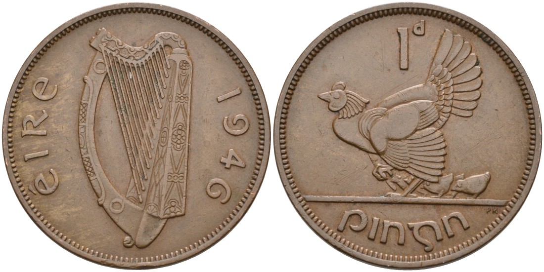 Ирландия 1 пенни 1946 курица с цыплятами KM 11 бронза 88-832