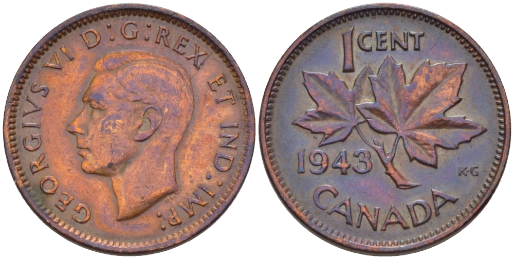 Канада 1 цент 1943 Георг VI (1937-1952), кленовый лист KM 32 бронза 31-1231