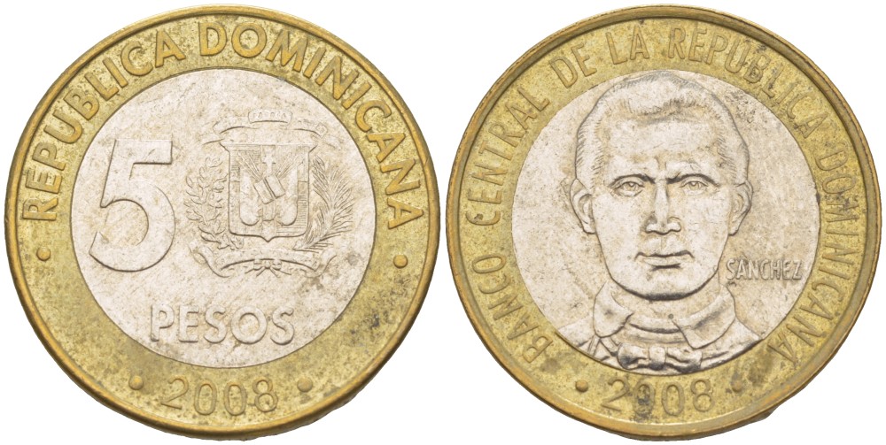 Доминиканская республика 5 песо 2008 Санчес KM 89 биметалл 4541-1131