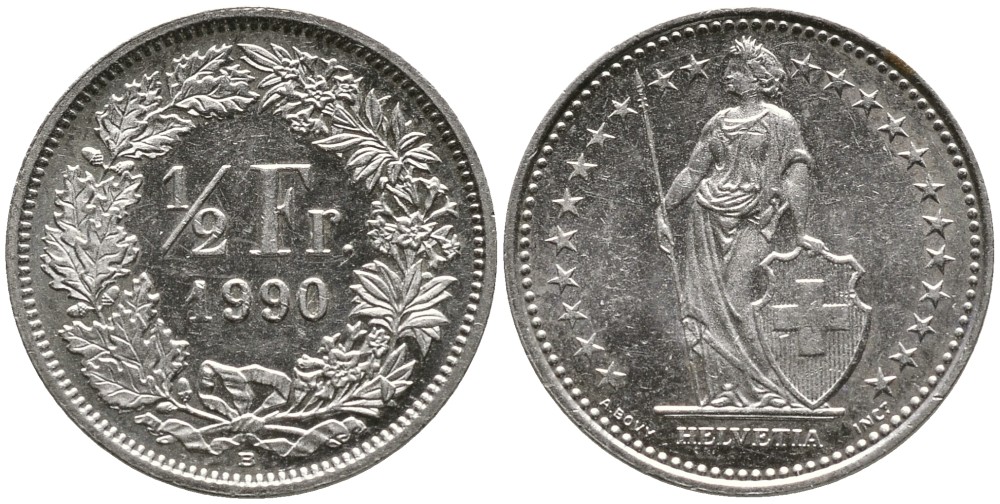 ШВЕЙЦАРИЯ 1/2 ФРАНКА 1990 В KM 23а.3 медно-никель 4528-565