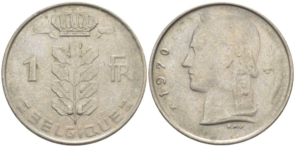 БЕЛЬГИЯ 1 ФРАНК 1970 BELGIQUE, БОДУЭН I (1951-1993) KM 142.1 медно-никель 119-512