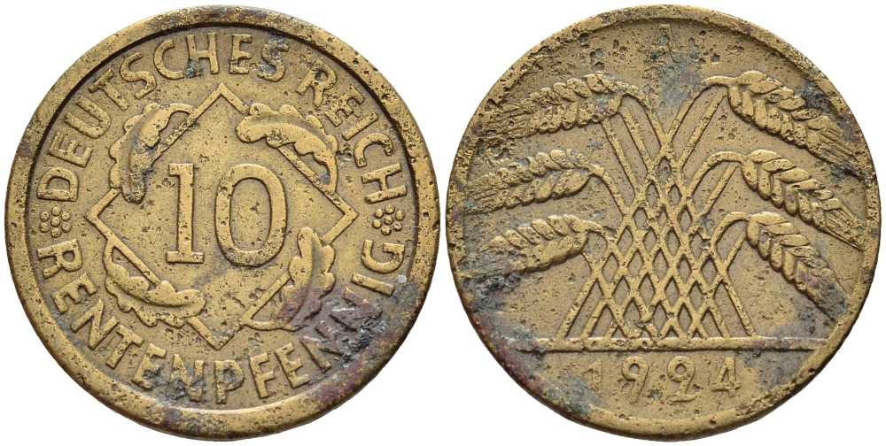 ГЕРМАНИЯ 10 РЕНТЕНПФЕННИГОВ 1924 А KM 33, J. 309 алюминиевая бронза 4401-352