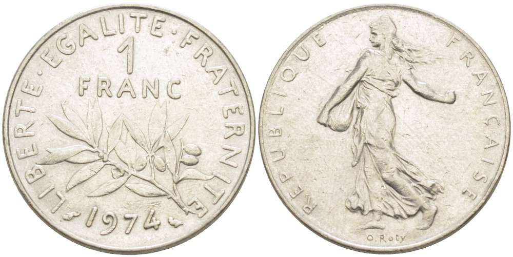 ФРАНЦИЯ 1 ФРАНК 1974 СЕЯТЕЛЬ KM 925.1, LE FRANC 226.19 никель 216-1034