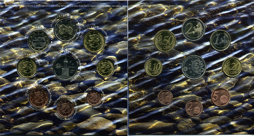 Финляндия евронабор из 8 монет + жетон 2011 маяки Скандинавии Harmaja (1883-2011), официальный набор в оригинальном буклете    UNC  5-6-1-02