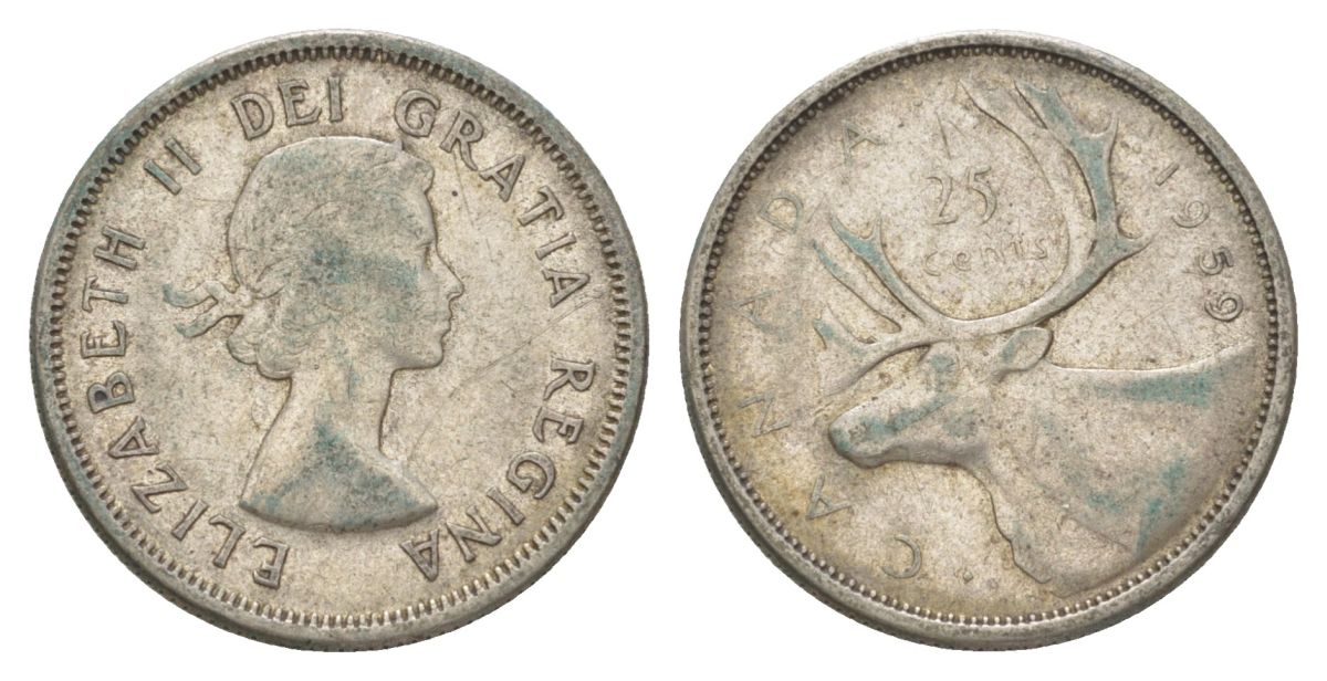 Канада 25 центов 1959 Елизавета II (1952-2022), олень KM 52 серебро 4622-834