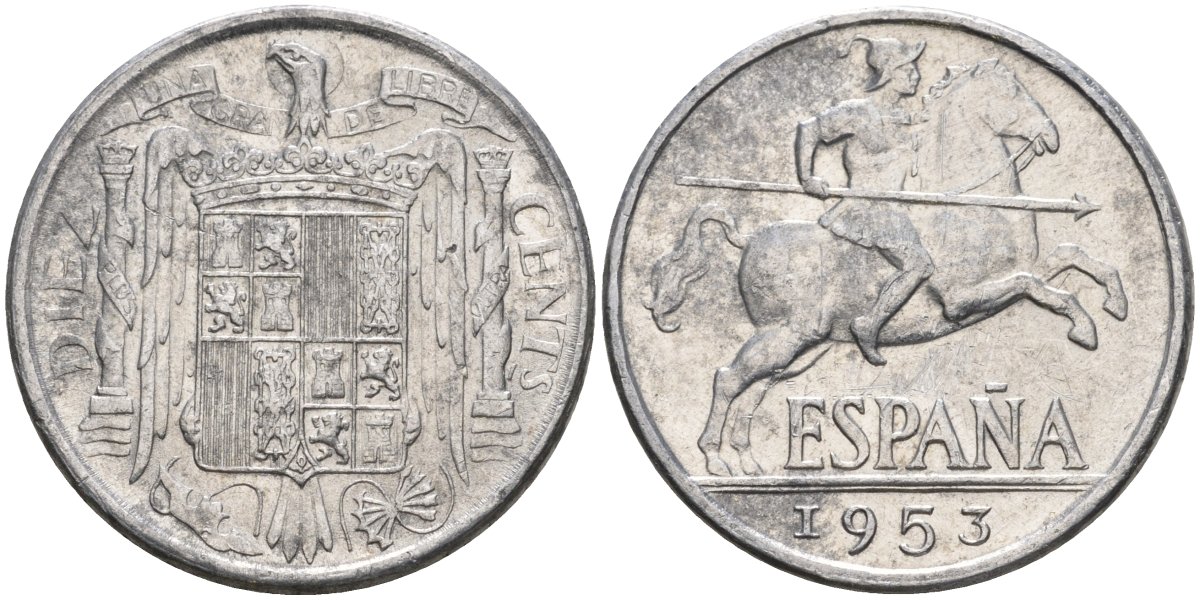 Испания 10 сентимо 1953 Франсиско Франко (1939-1975) KM 766 алюминий 4604-523