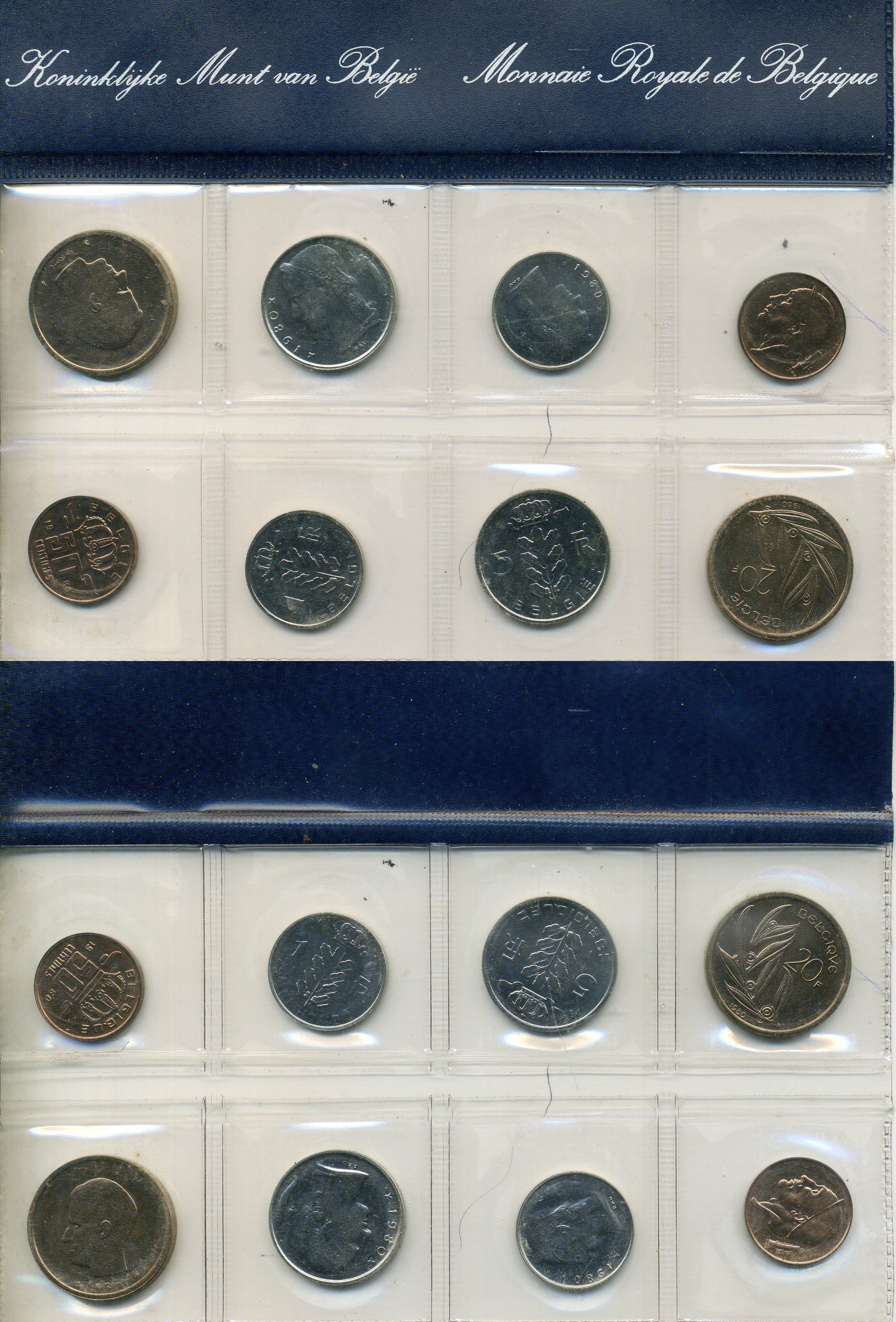 Бельгия набор из 8 монет (50 сантимов; 1, 5 и 10 франков) 1980 Belgie - Belgique, в оригинальном буклете мондвора KM SS16 (134.1, 135.1, 142.1, 143.1, 148.1, 149.1, 155.1 и 156.1) UNC 8-2-05-89