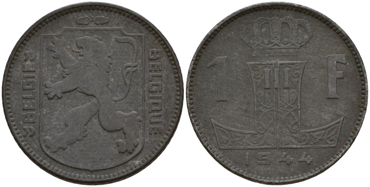 Бельгия 1 франк 1944 Belgie - Belgique, Леопольд III (1934-1947), германская оккупация, Вторая мировая война KM 128 цинк 4161-544