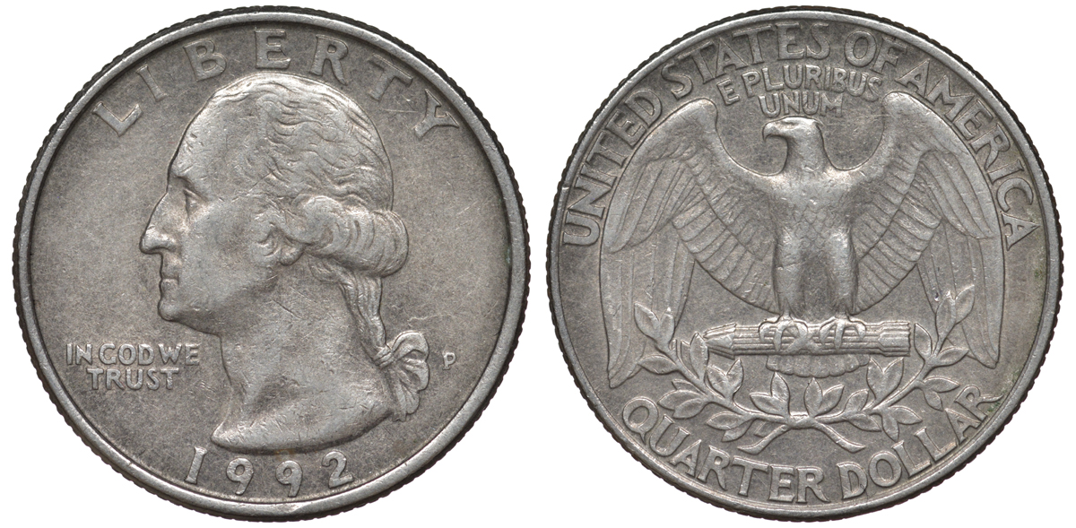 США 25 центов (квотер) 1992 P, Вашингтон KM A164a медь плакированная медно-никелем 4543-1252