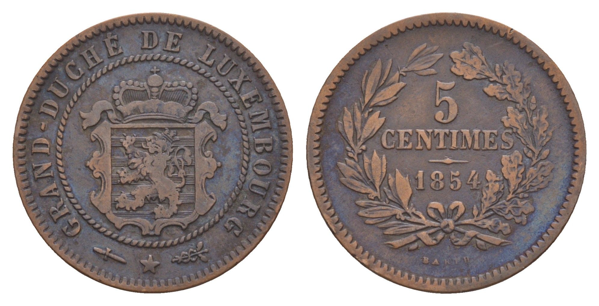 Люксембург 5 сантимов 1854 Barth, Виллем III Нидерландский (1849-1890) KM 22 бронза 4657-1143