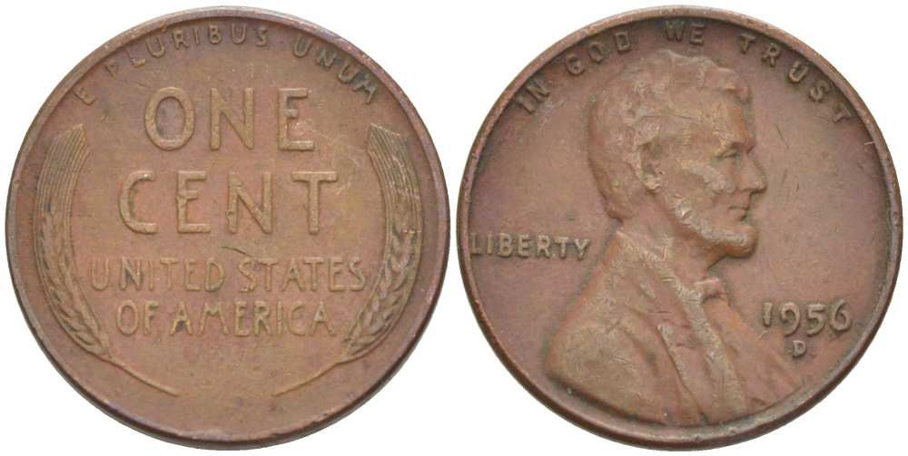 США 1 ЦЕНТ 1956 D, ЛИНКОЛЬН KM А132 медь цинк 3309-1154