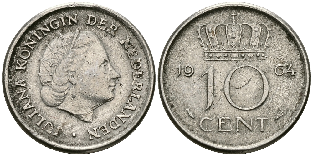 НИДЕРЛАНДЫ 10 ЦЕНТОВ 1964 ЮЛИАНА KM 182 никель 96-464