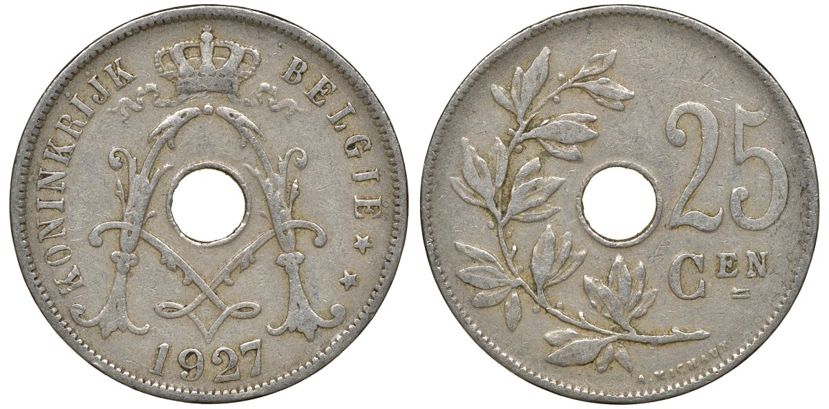 Бельгия 25 сантимов 1927 Belgie KM 69 медно-никель 4163-627