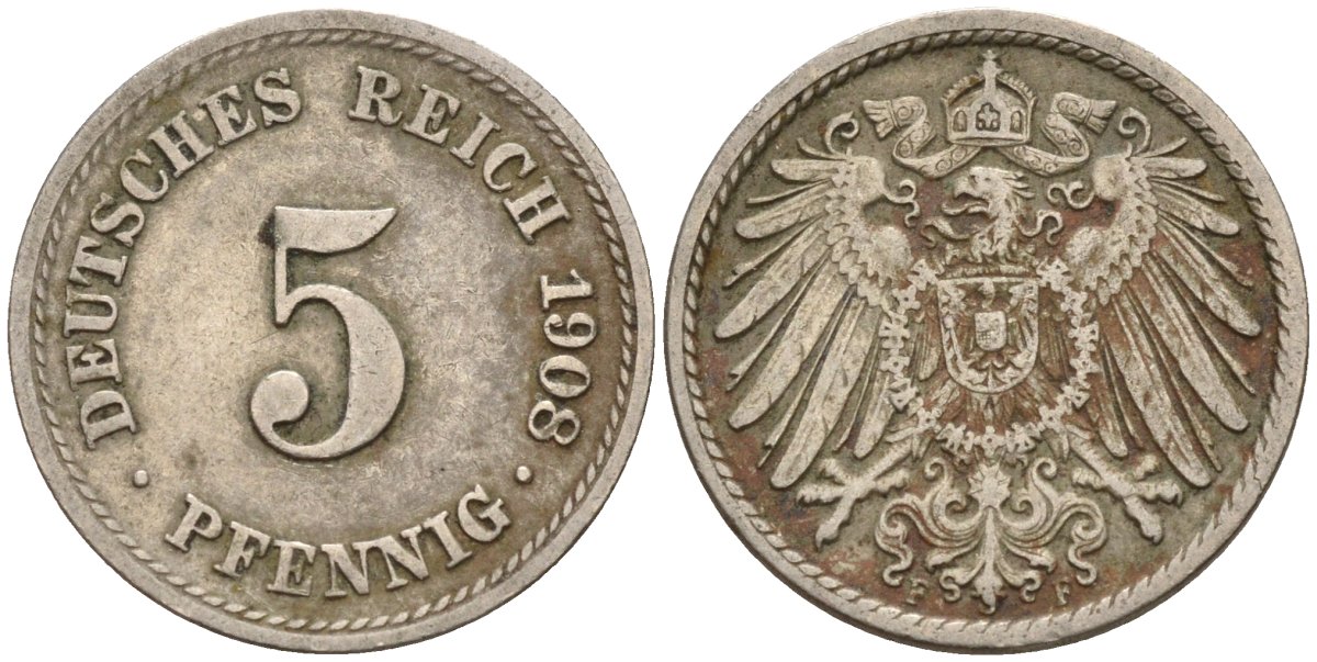 Германия 5 пфеннигов 1908 A KM 11, Jager 12, Weege 6 медно-никель 4151-467
