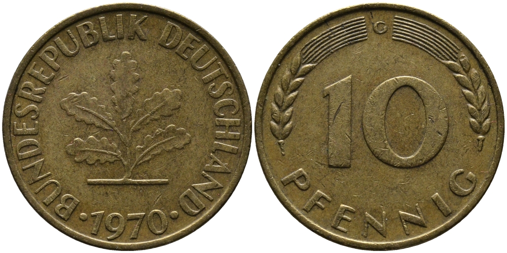 ФРГ 10 ПФЕННИГОВ 1970 G KM 108, J.383 сталь плакированная латунью 33-123