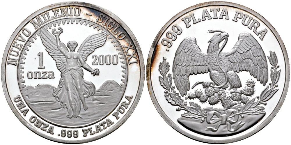 МЕКСИКА 1 УНЦИЯ ND 2000 ГОД, МИЛЛЕНИУМ, НАЧАЛО XXI ВЕКА, БОГИНЯ ПОБЕДЫ НИКА, С ВЕНКОМ, ДИАМЕТР 39 ММ., ВЕС 1 ТРОЙСКАЯ УНЦИЯ серебро PROOF 00-00