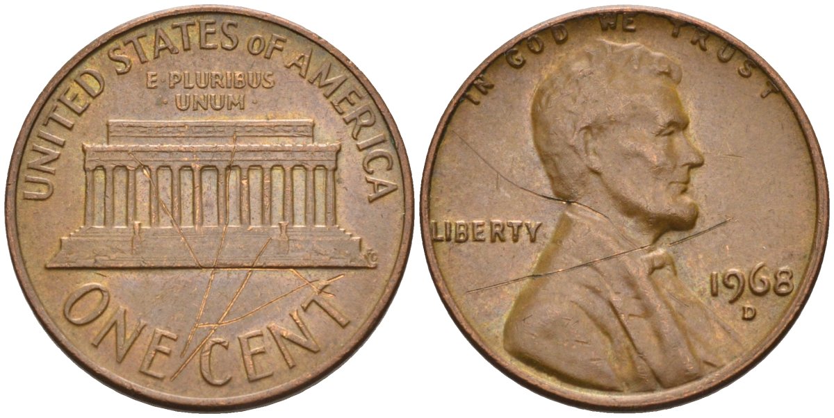 США 1 цент 1968 D, Линкольн, раскол штемпеля KM 201 медь цинк 4115-845