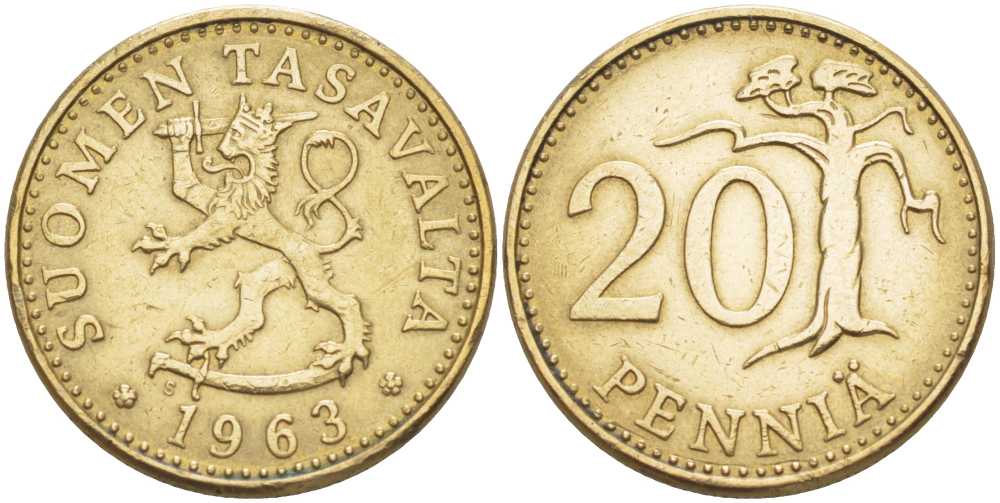 ФИНЛЯНДИЯ 20 ПЕННИ 1963 S KM 47 алюминиевая бронза 210-827
