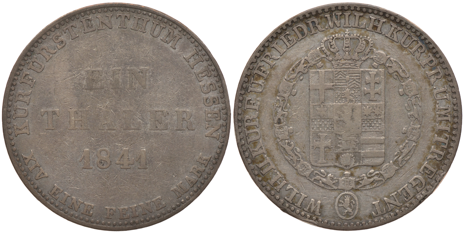 Гессен-Кассель 1 талер 1841 Вильгельм II Гессен-Кассельский (1821-1847) и Фридрих Вильгельм I (1831-1847) КМ 587, AKS 46, J. 32 серебро 00-1067-9-63