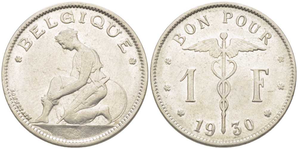 БЕЛЬГИЯ 1 ФРАНК 1930 BELGIQUE, АЛЬБЕРТ I (1909-1934) KM 89 никель 202-917