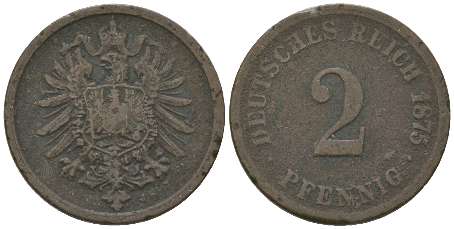 Германия 2 пфеннига 1875 J, старогербовка KM 2, J.2 медь 4651-1148