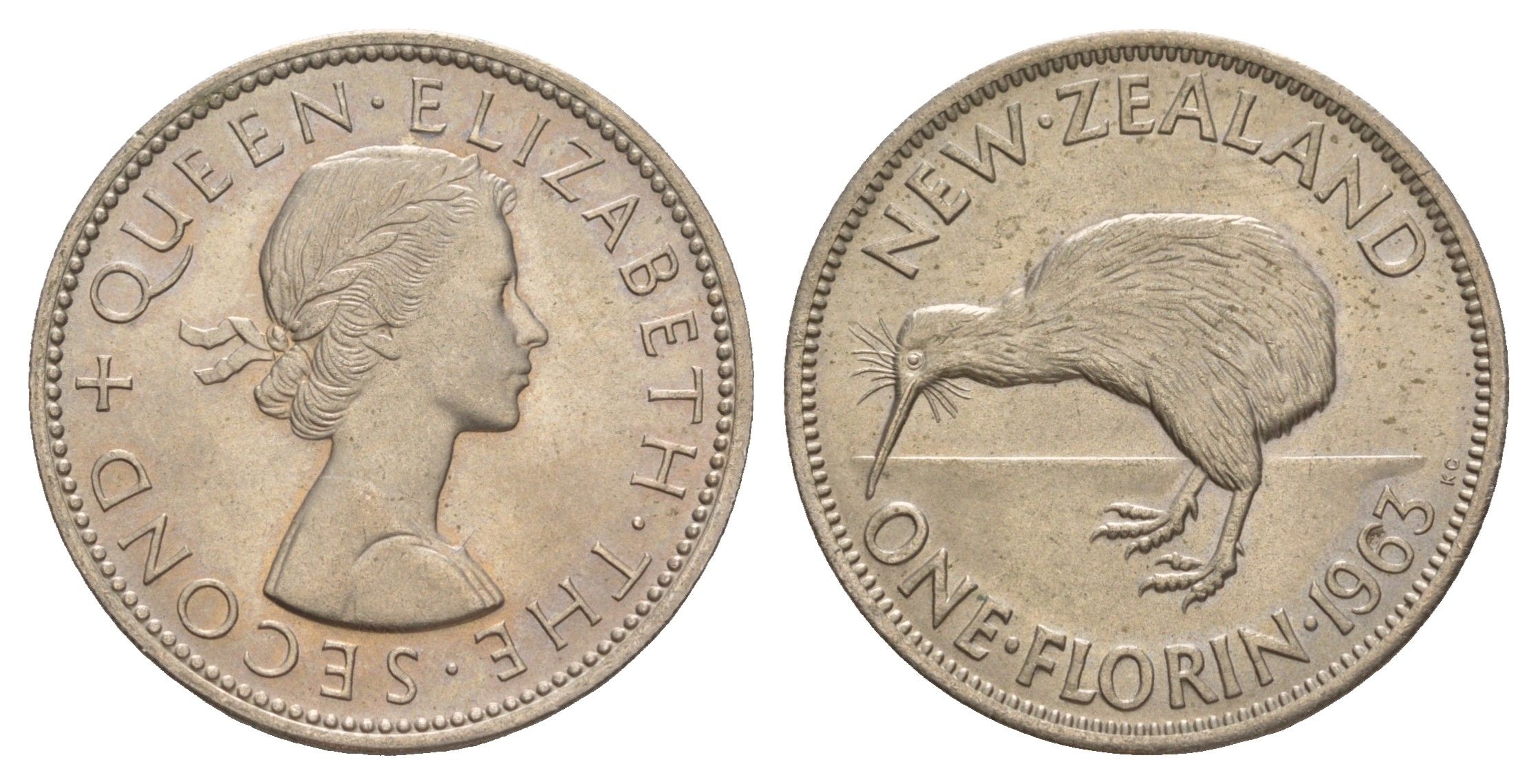 Новая Зеландия 1 флорин = 2 шиллинга 1963 Елизавета II (1952-2022), птичка киви KM 28.2 медно-никель UNC 4650-815