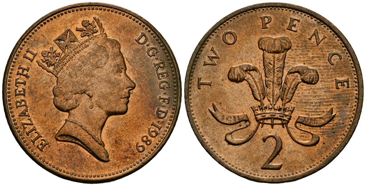 Великобритания 2 пенса 1989 Елизавета II (1952-2022) KM 936, Spink 4376 (C3) бронза 4607-835
