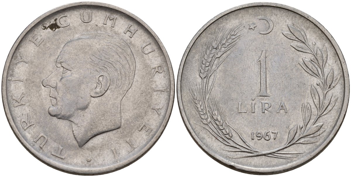 Турция 1 лира 1967 Мустафа Кемаль Ататюрк KM 889a.2 нержавеющая сталь 4149-1242