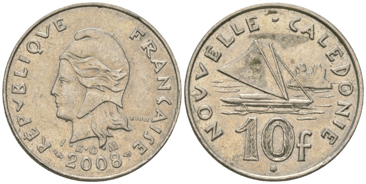 Французская Новая Каледония 10 франков 2008 рыбачья парусная лодка, (IEOM) KM 11a, Schoen 13a, Lec 99k медно-никель 60-717