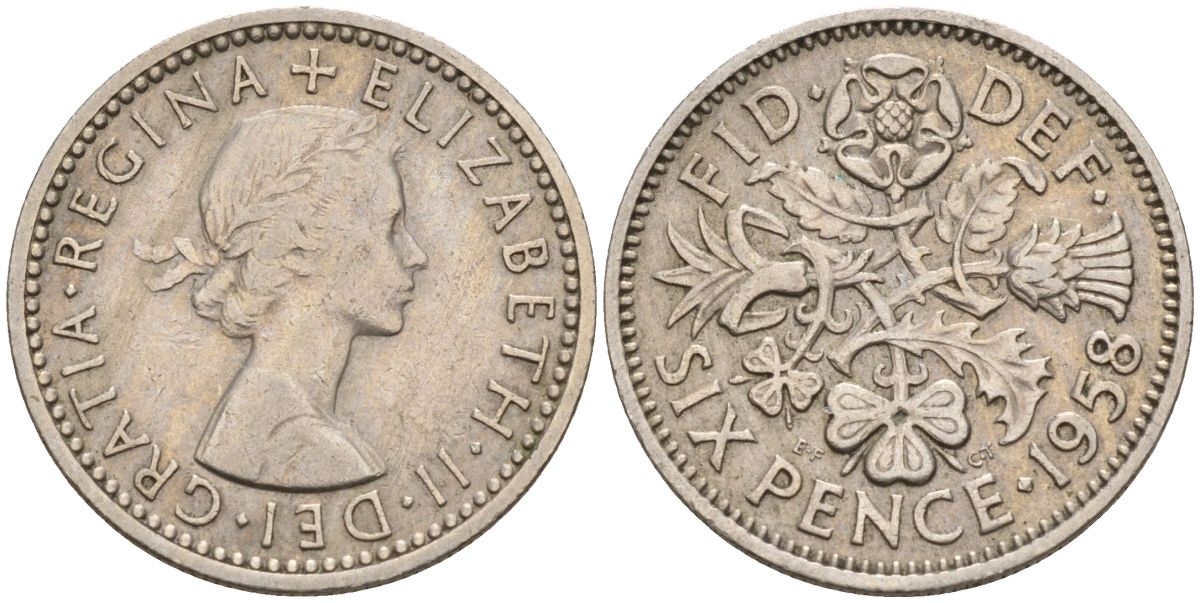 Великобритания 6 пенсов 1958 Елизавета II (1952-2022) KM 903, Spink 4149 медно-никель 4154-238