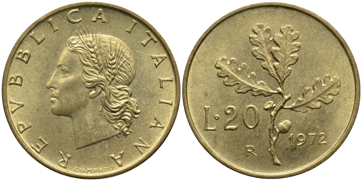 Италия 20 лир 1972 R, дубовая ветвь KM 97.2 алюминиевая бронза 4171-915