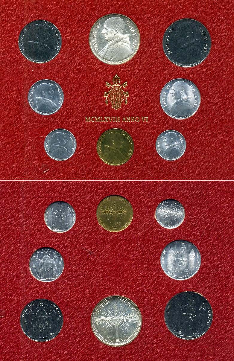 Ватикан набор из 8 монет 1968 1, 2, 5, 10, 20, 50, 100, 500 лир, в оригинальном буклете KM MS72 серебро UNC 8-1-01-15